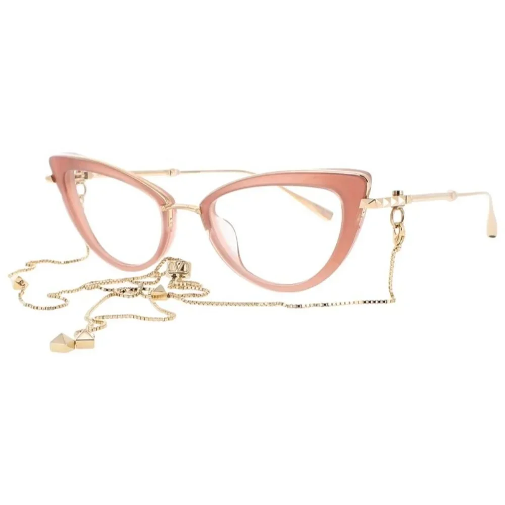 NWT VALENTINO EYEGLASSES CAT EYE WOMEN GOLD/ROSE WITH CHAIN